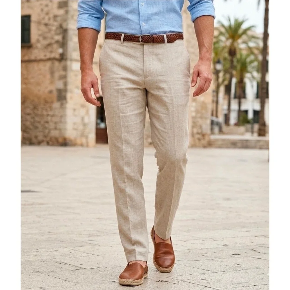 Kenneth Cole New York Mens Tan Linen Blend Dress Pants 36W 32L LR9253 New